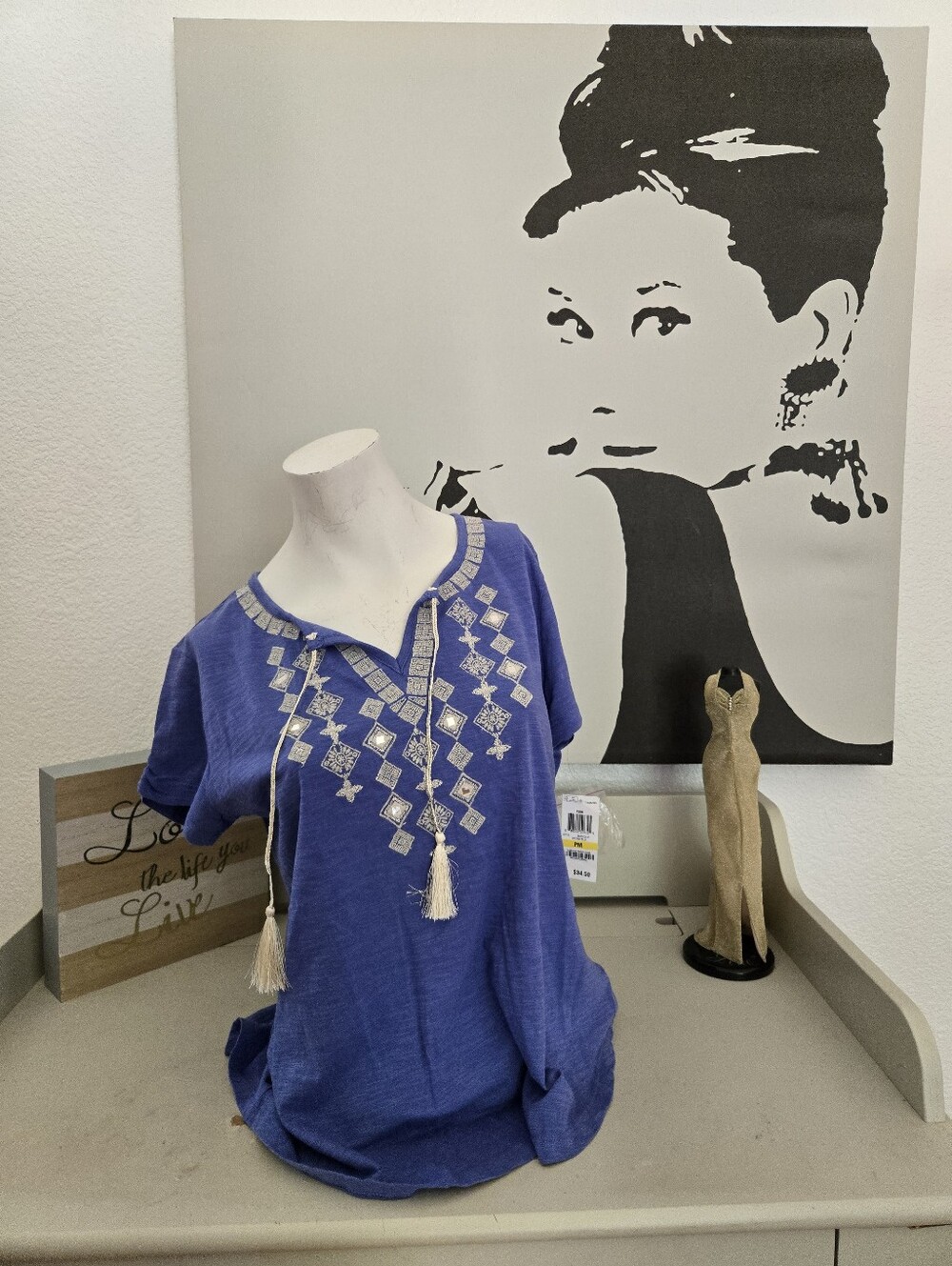 NWT Style & Co Boho Embroidered Tassel V-Neck Women's Top - Royal Blue Size PM